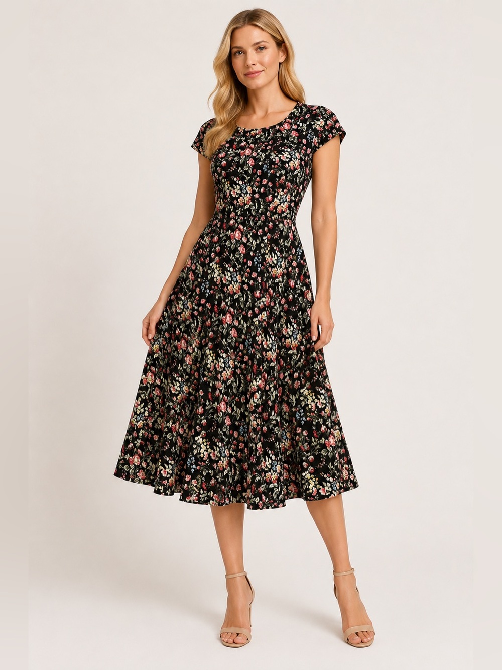 Lanz of Salzburg Floral Fit & Flare Dress M Black Rose Fall Floral Cottagecore
